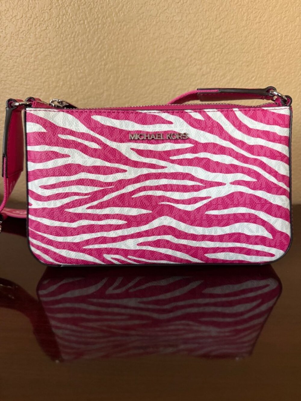 Michael Kors Pink Zebra Print Crossbody Purse 3-Pc Coin Earbud Set - Like New - Picture 2 of 16